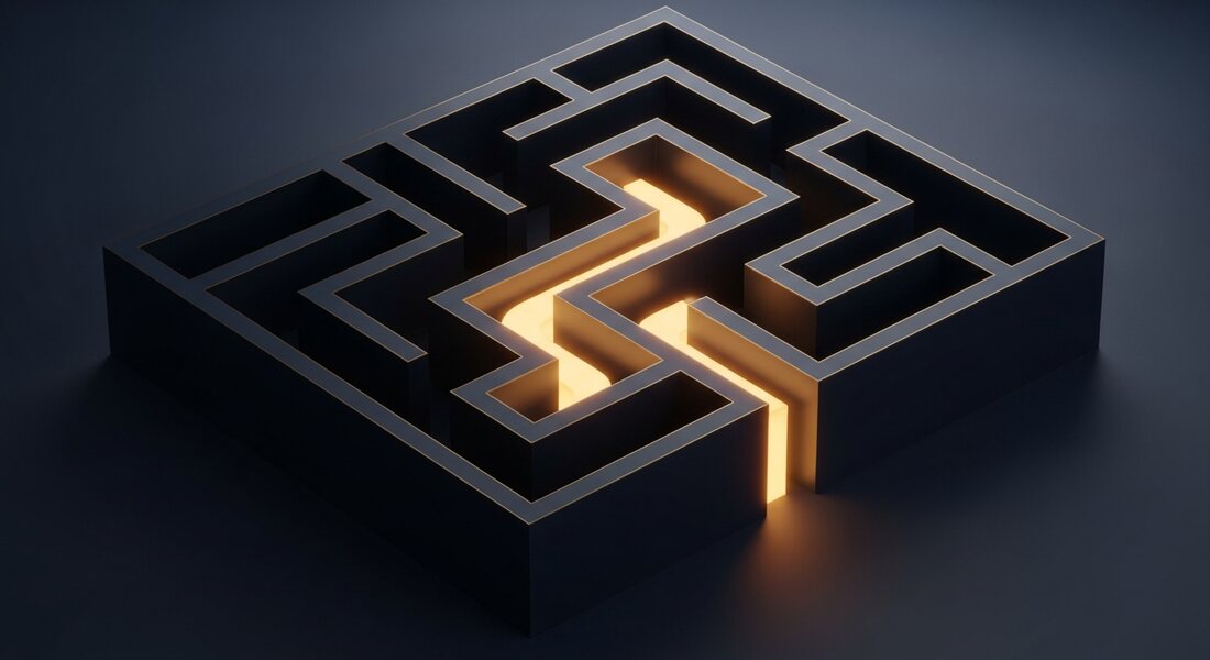 Un labyrinthe avec un seul chemin dore qui sort